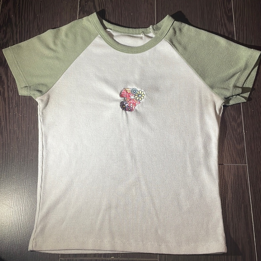 Green sleeves-white crop top w/ mushrooms and flower design embroidered